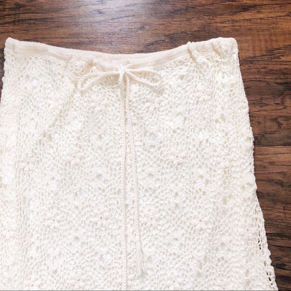 SOLD Rene Derhy • vintage crocheted skirt lace knit drawstring waist midi cream - Picture 6 of 14